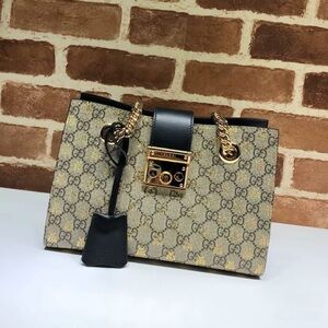 Gucci Beige and Black Shoulder Bag with Gold Accents